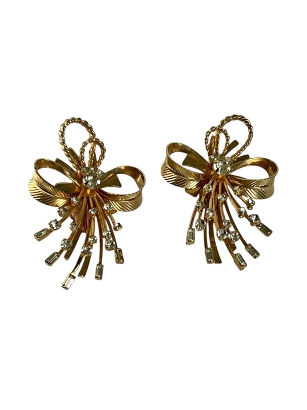 Vintage Sarah Coventry Large Goldtone Bow Crystal Clip On Statement Earrings
